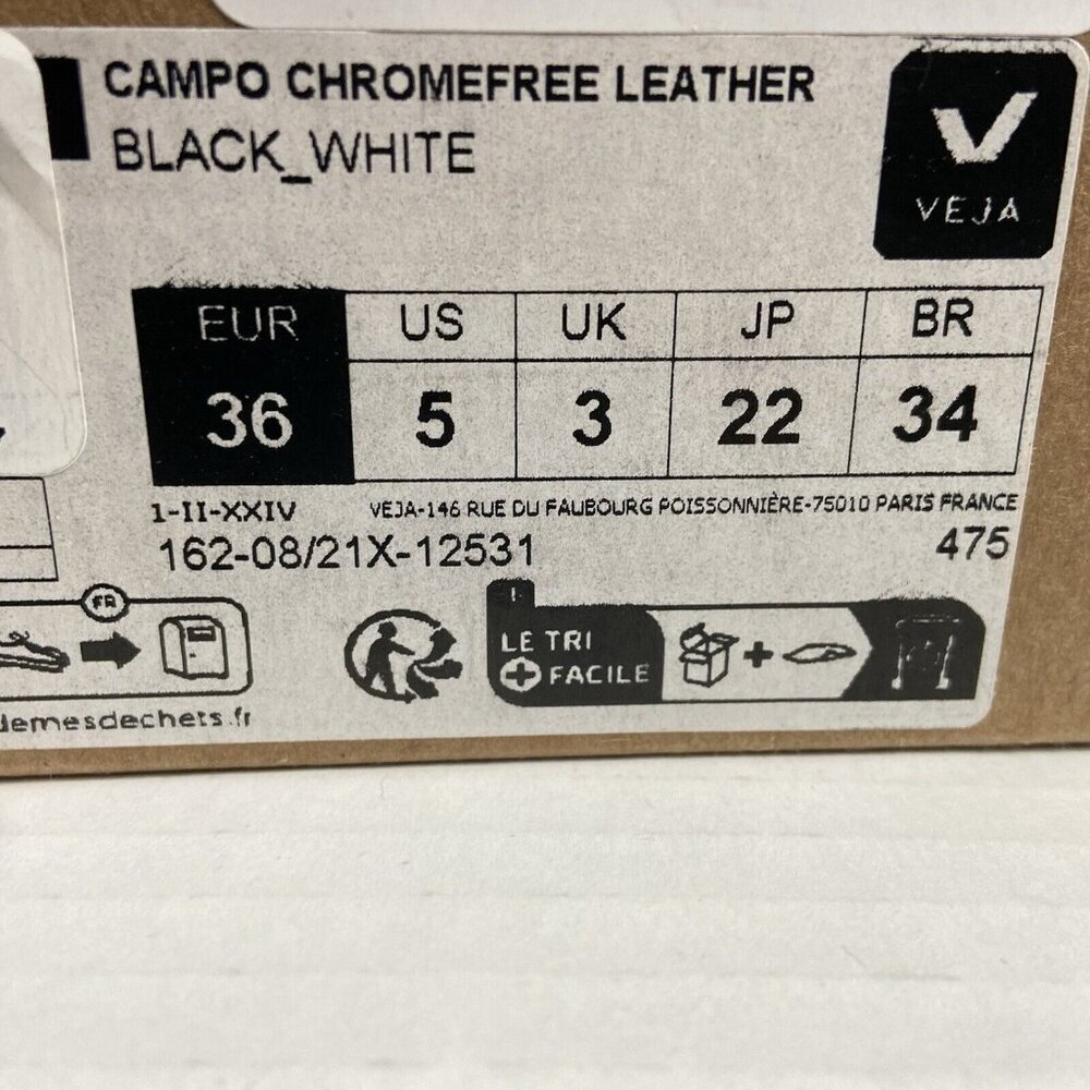 NEW Veja Women's Campo Chromefree Leather Sneakers CPO501215A370 Black/White NIB - Picture 9 of 11